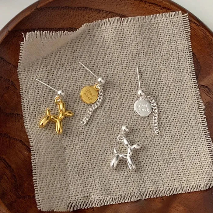 Asymmetrical Silver Balloon Dog Tassel Chain Earrings Zinc Alloy 2000s