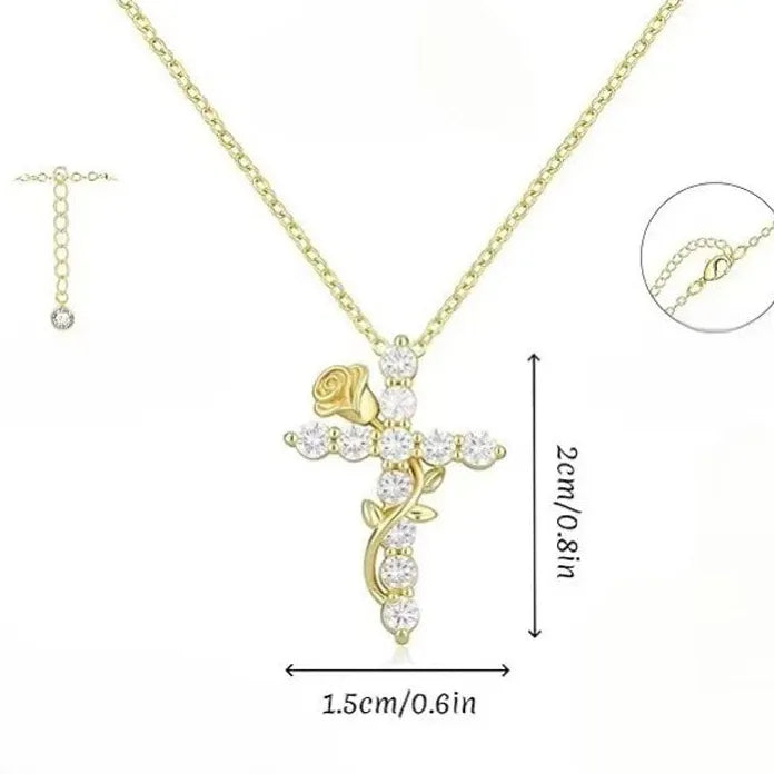 Zircon Cross Pendant Necklace for Women Gold Rose Trendy Fashion Jewelry