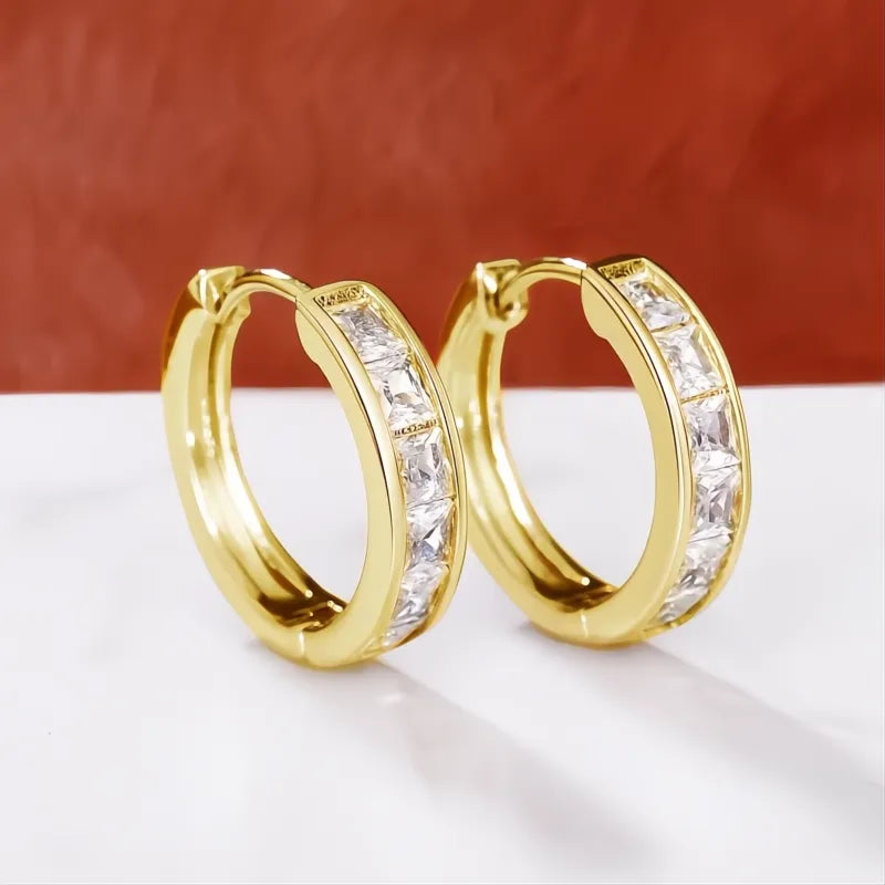 Classic Design Women Hoop Earrings with Princess Square Cubic Zirconia, Elegant Fashion Jewelry
