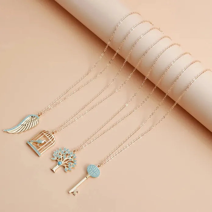 Adjustable Green Stone Pendant Necklace Zinc Alloy Birdcage Wing Key Gift