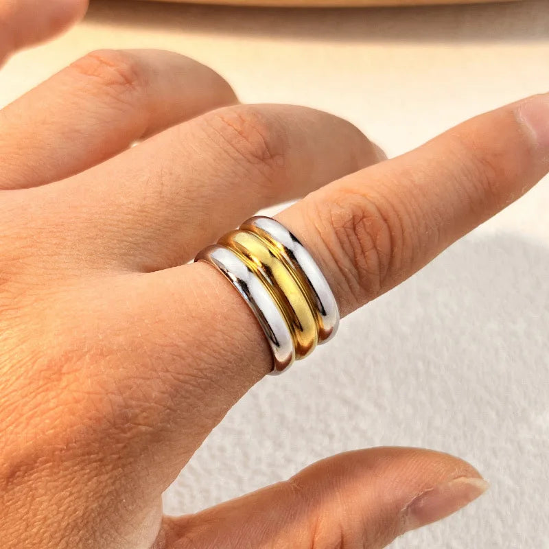 Punk 18k Gold Plated Stainless Steel Thick Stripe Three Layer Knuckle Ring