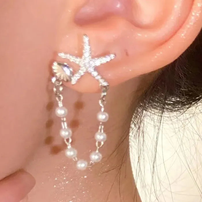 Starfish Shell Pearl Drop Earrings Zinc Alloy Bohemian Beach Jewelry Gift