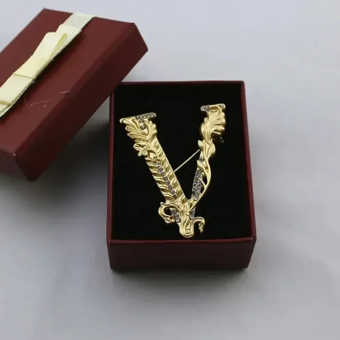 Wheat Pattern V-Shaped Geometric Crystal Rhinestone Brooch for Women