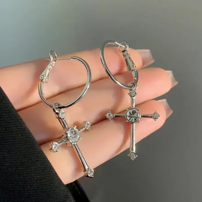 Rhinestone Cross Hoop Earrings Dangle Punk Grunge Jewelry for Women Men