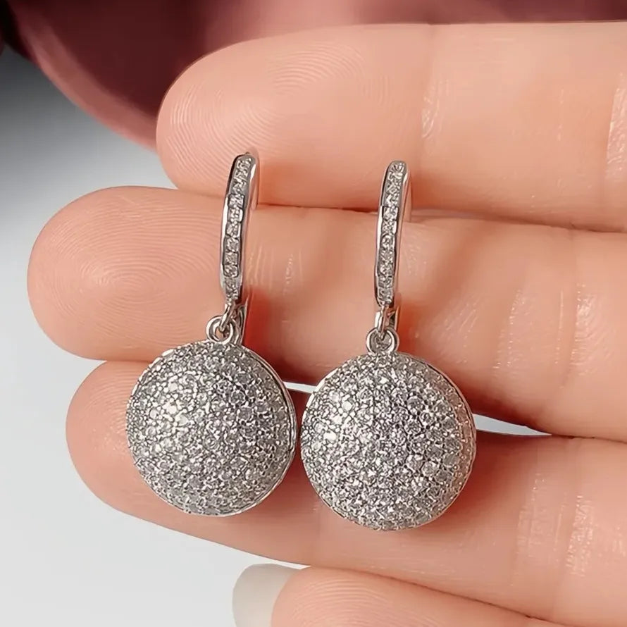 Silver CZ Round Geometric Pendant Dangle Earrings Luxury Bride Jewelry Copper Alloy