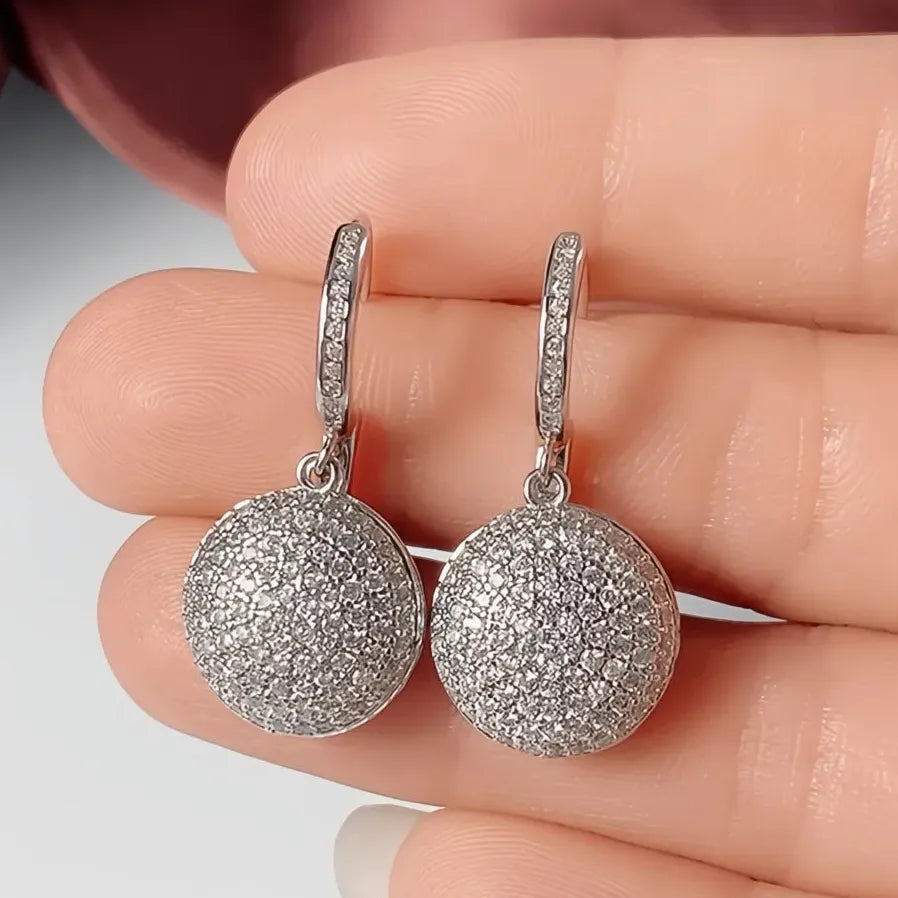 Full Paved CZ Round Dangle Pendant Earrings Silver Wedding Jewelry