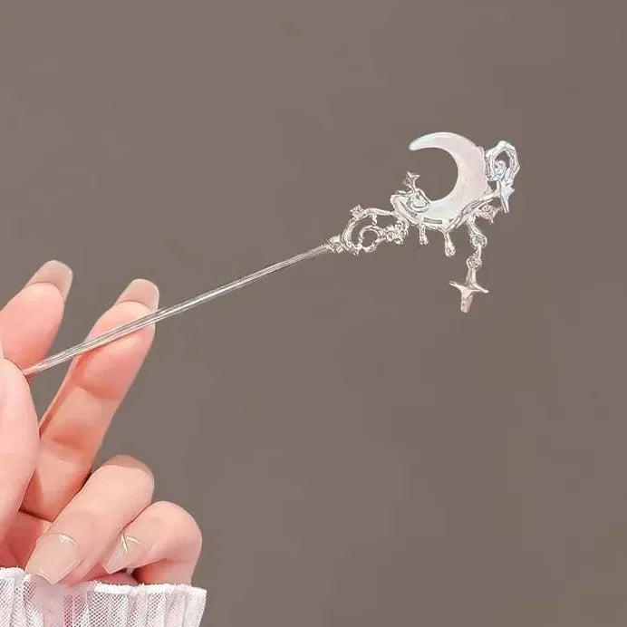 Vintage Zinc Alloy Star Moon Tassel Hair Stick Chinese Hairpin for Women
