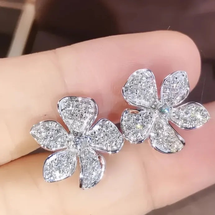 Silver Cubic Zirconia Geometric Flower Stud Earrings for Women