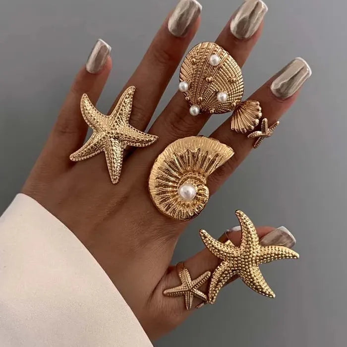 6Pcs Vintage Gold Starfish Pearl Knuckle Rings Set for Women Jewelry