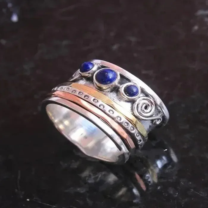 Lapis Lazuli Three Tone Meditation Ring Boho Zinc Alloy Silver Jewelry