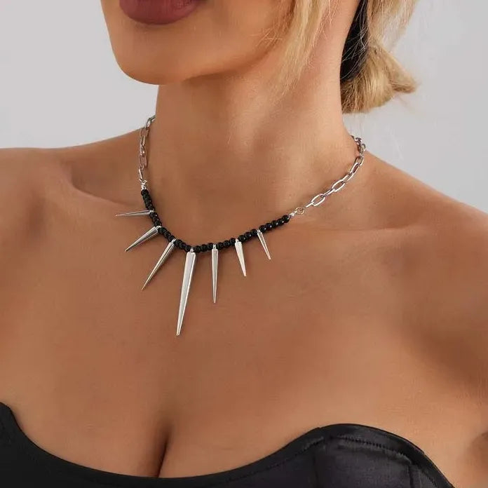 Punk Black Beads Rivet Choker Necklace Men Women Spike Tassel Y2K Jewelry