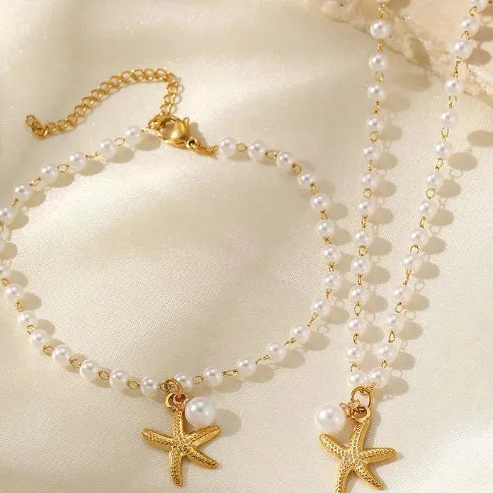 Stainless Steel Starfish Pearl Pendant Necklace Set for Women Gold Chain Gift