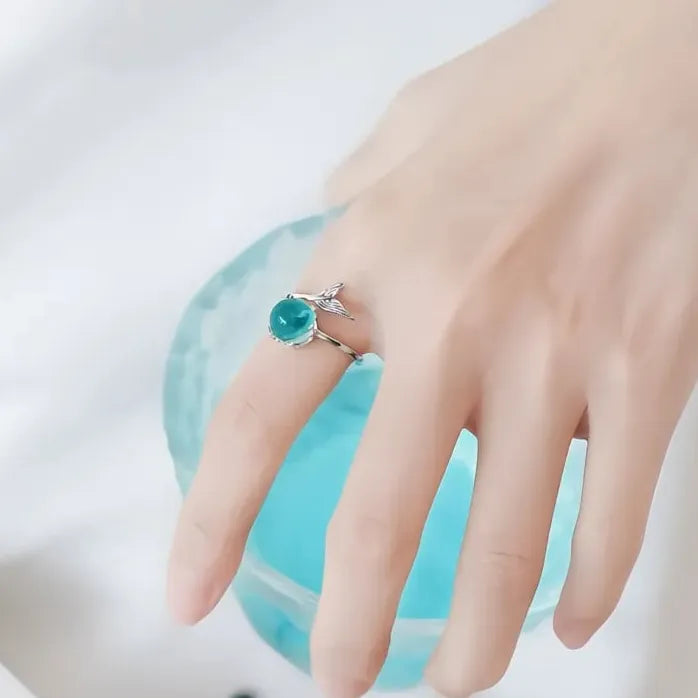 Adjustable Silver Plated Blue Mermaid Fish Tail Bubble Ring for Women Girls