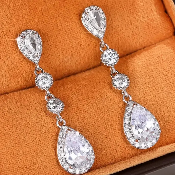 Silver Color Dangle Earrings for Women with Cubic Zirconia Crystal Drop Fashion Jewelry