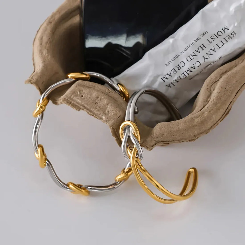 French Style Two-tone Knot Geometric Stainless Steel Cuff Bracelet Women