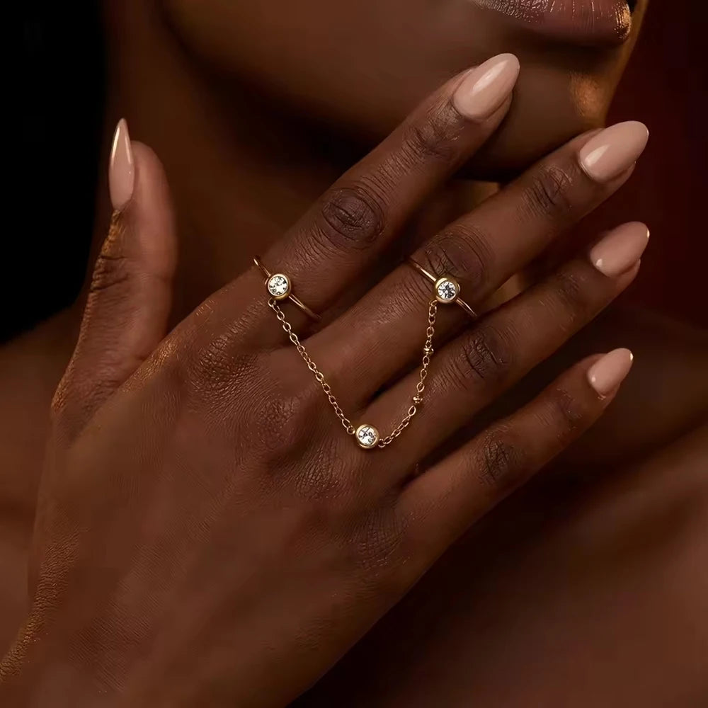 18K Gold Plated Zircon Double Round Chain Ring for Women Vintage Waterproof
