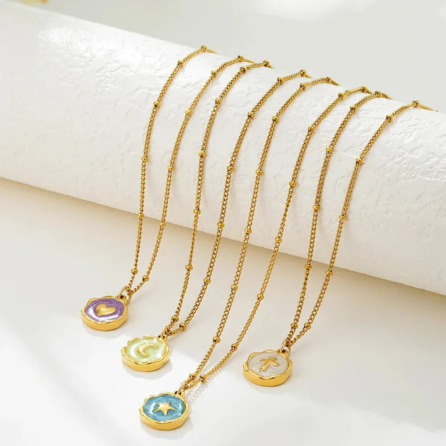 Stainless Steel Geometric Pendant Necklace Star Cross Heart Moon Choker Women Jewelry