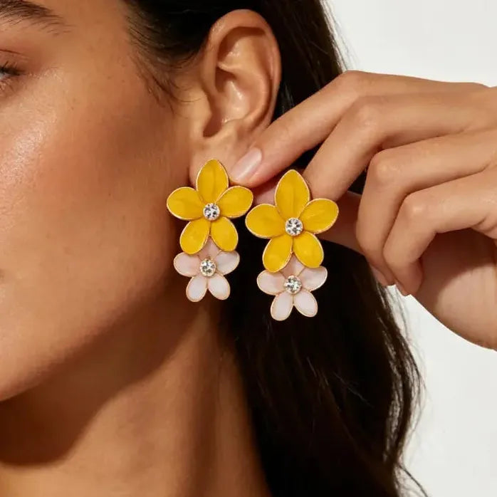 Vintage Double Layer Dripping Oil Flower Drop Earrings for Women Girls Stylish