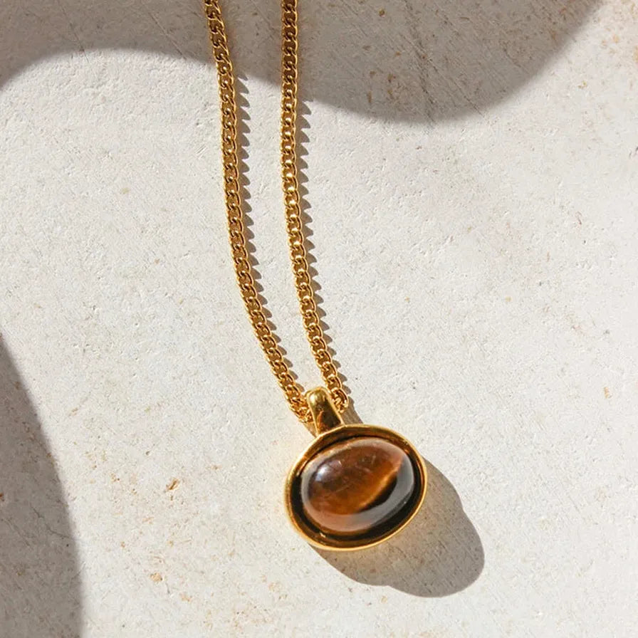 18K Gold Plated Tiger Eye Stone Necklace Geometric Pendant Hypoallergenic Jewelry