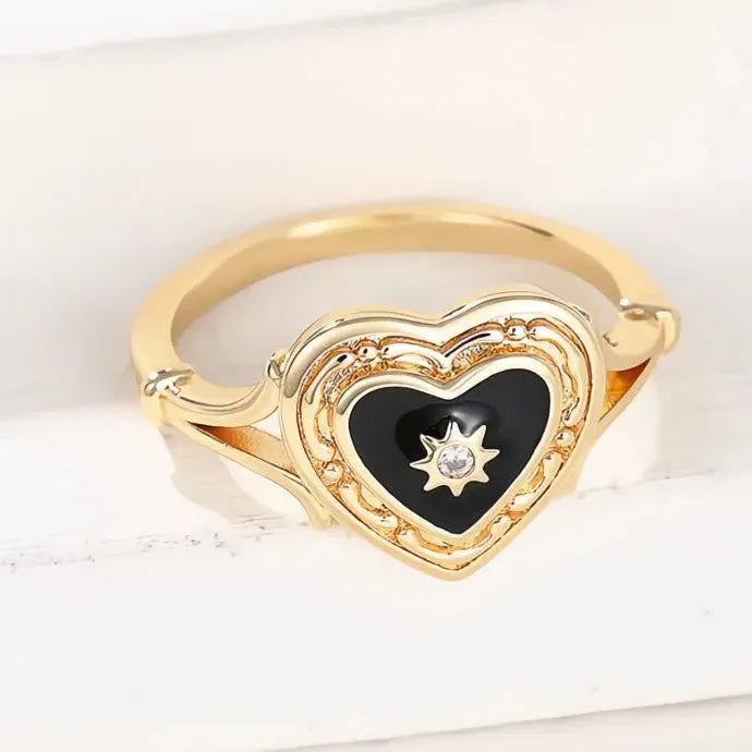 Black Heart Enamel Ring with Sun Design for Women Wedding Party Brass Cubic Zirconia