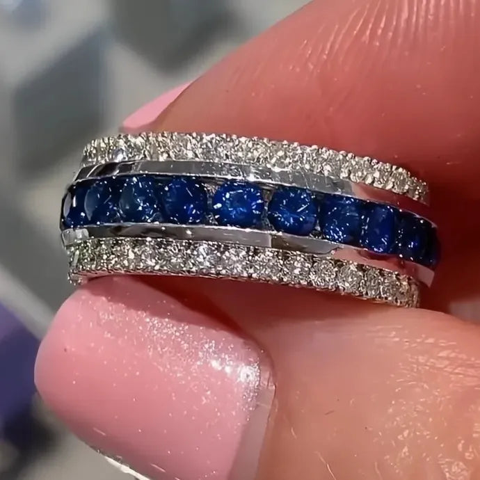 Blue White Cubic Zirconia Geometric Brass Wedding Band Ring for Women