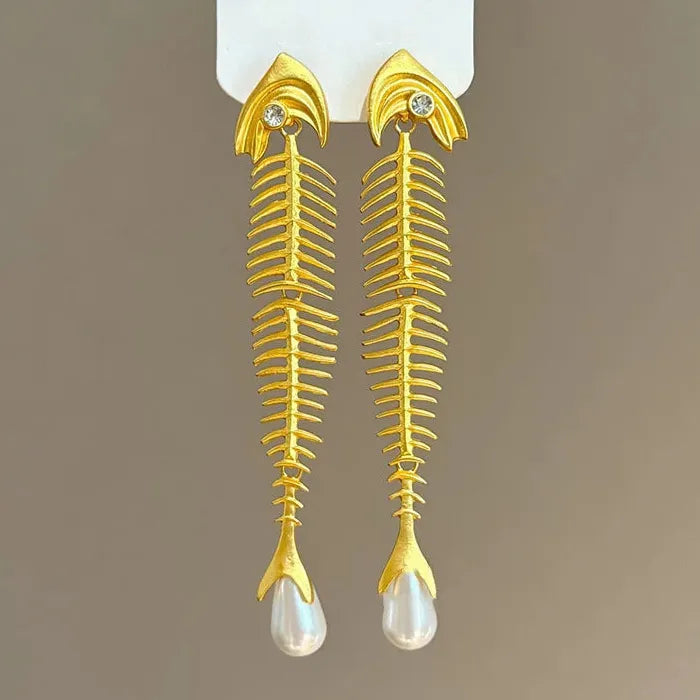 Vintage Fishbone Pearl Drop Earrings Zinc Alloy Punk Jewelry Gift for Women