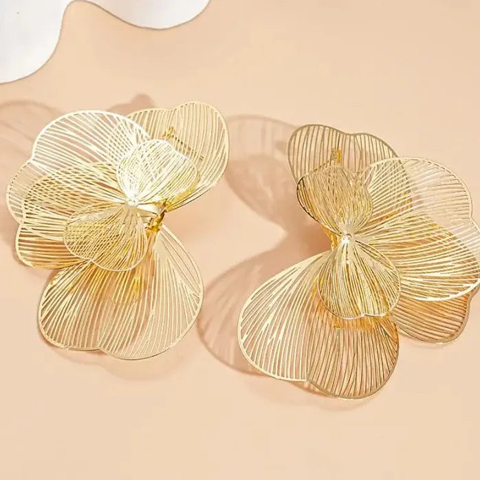 Elegant Multi Layer Metal Petal Flower Stud Earrings for Women Nature Jewelry