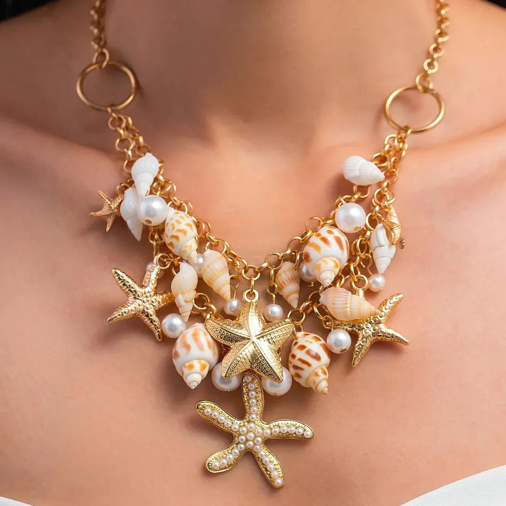 Bohemia Handmade 18k Gold Plated Conch Shell Starfish Pearl Pendant Necklace Women