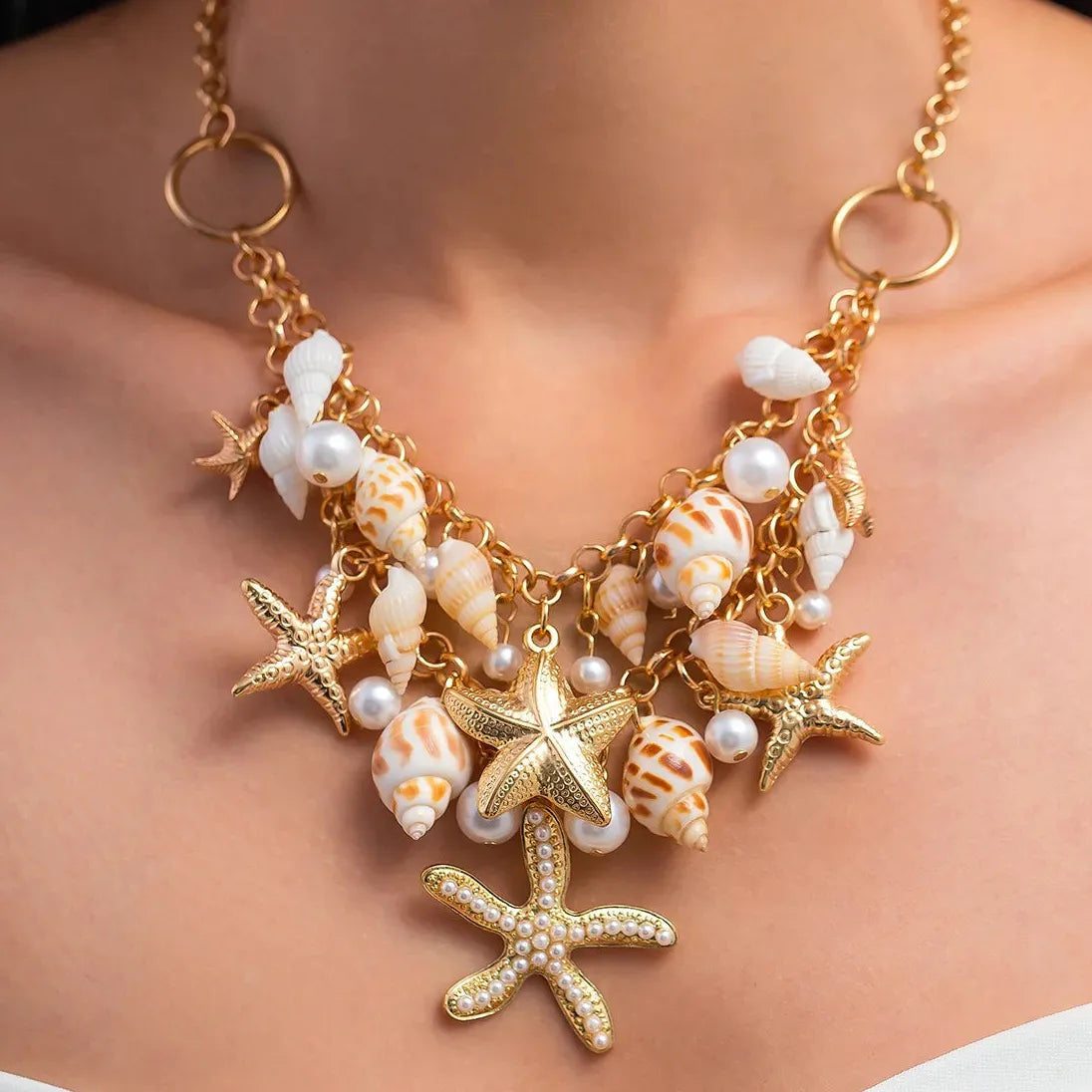 Bohemia Handmade 18k Gold Plated Conch Shell Starfish Pearl Pendant Necklace Women