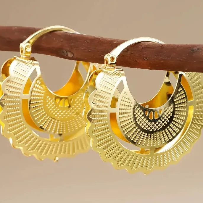 Geometric Hollow Out Copper Alloy Hoop Earrings Gold Color Wedding Jewelry