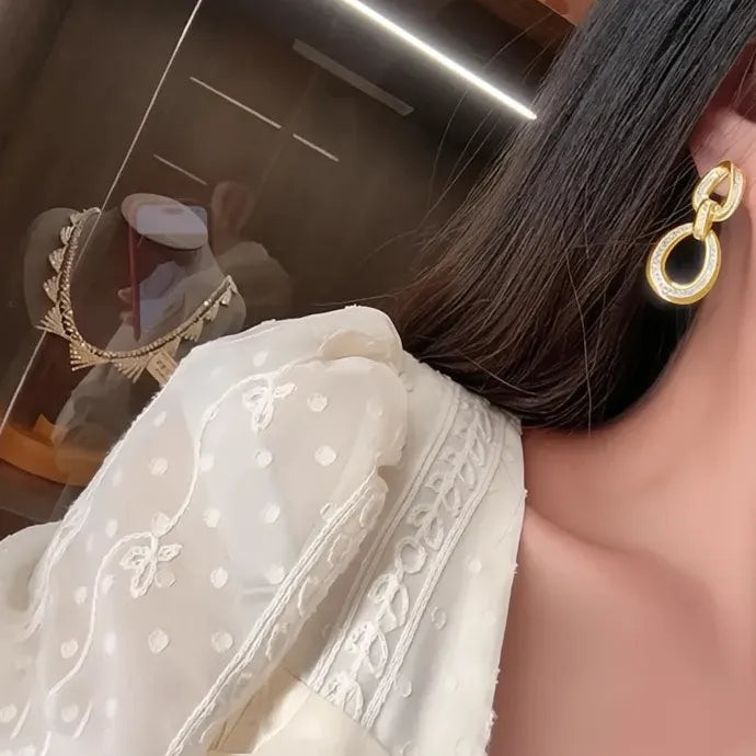 Gold Color CZ Circle Linked Geometric Drop Earrings for Women Wedding Party