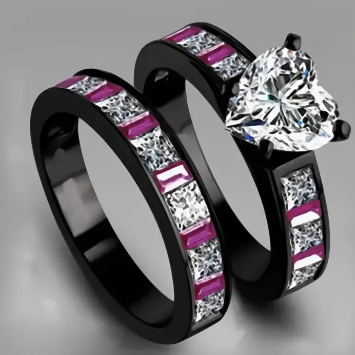 Black Heart Cubic Zirconia Bridal Wedding Ring Set for Women