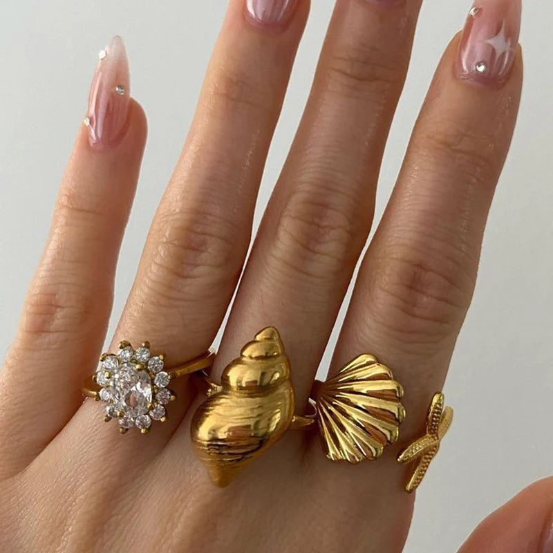 18K Gold Plated Stainless Steel Adjustable Conch Whelk Shell Ring Women