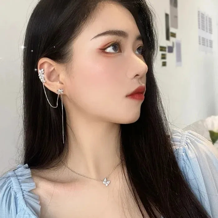 Zinc Alloy Shiny Rhinestone Clip Tassel Earrings for Women Girls