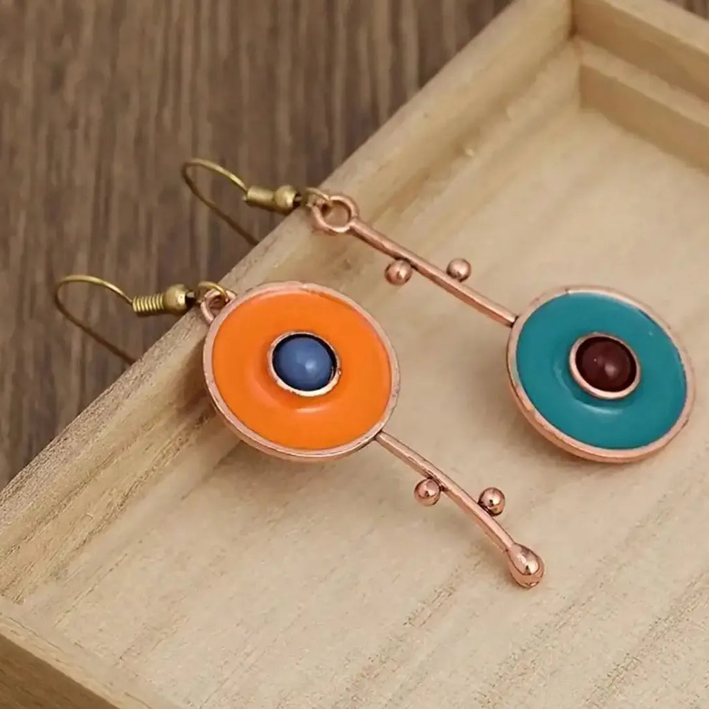Bronze Metal Drop Earrings with Orange Blue Stone for Women Ethnic Jewelry