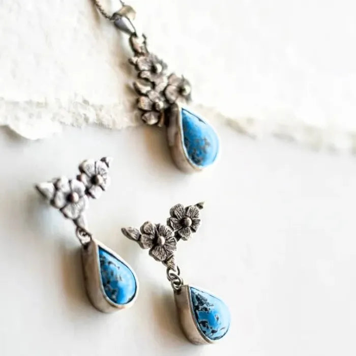 Vintage Floral Asymmetrical Long Drop Earrings Blue Stone Metal Necklace Set