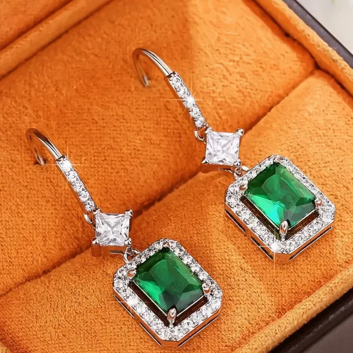 Green Cubic Zirconia Geometric Drop Earrings for Women Copper Alloy Jewelry