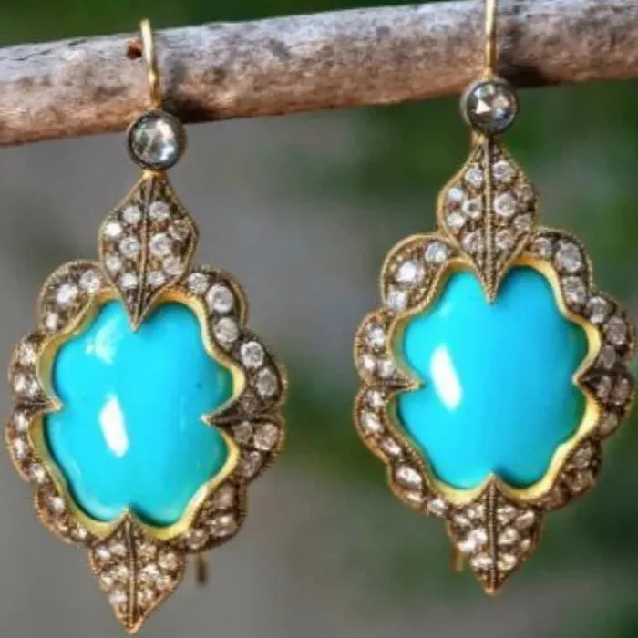 Vintage Blue Stone Bohemian Women's Earrings Zinc Alloy Carved Flower Pendant Jewelry