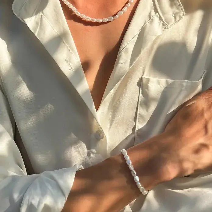 Oval Imitation Pearl Chain Bracelet Necklace Men Women Handmade Classic Jewelry Set