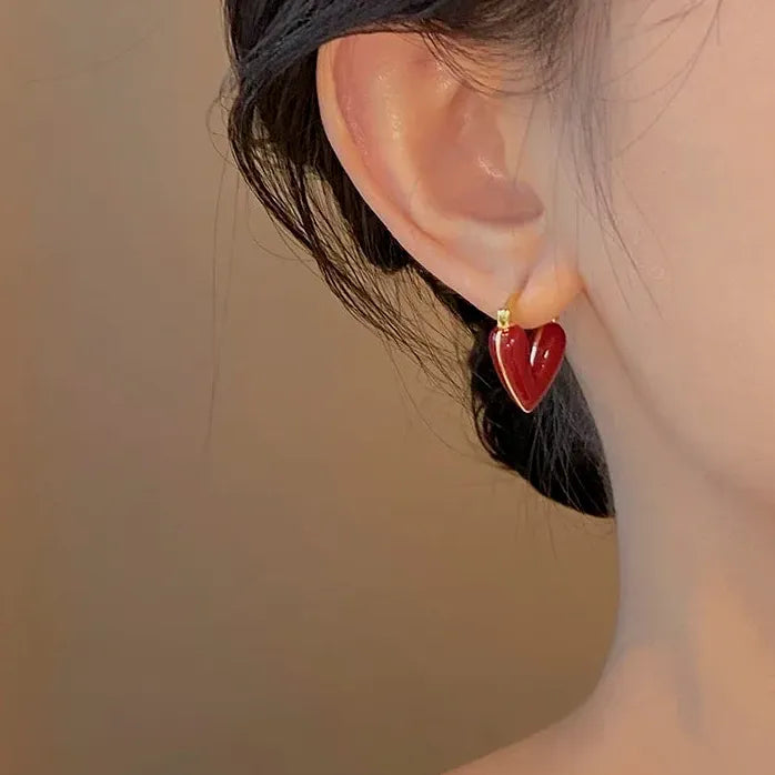 French Romantic Wine Red Enamel Heart Pendant Earrings Copper Alloy Jewelry for Women
