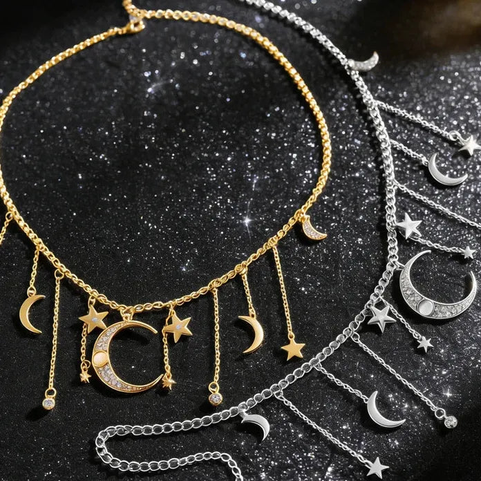 Vintage Moon Star Tassel Pendant Necklace for Women Zinc Alloy Crystal Gift