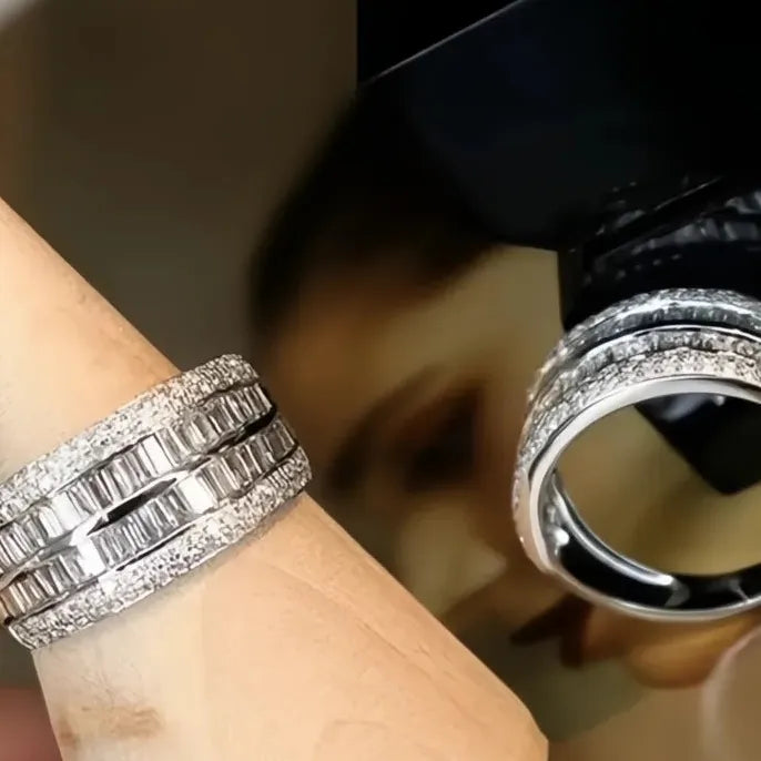 Wide Geometric Brass Ring with Cubic Zirconia Pavé Wedding Band for Women