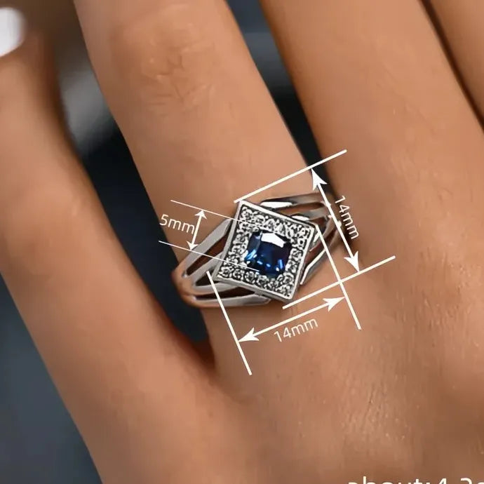 Women’s Silver Geometric Ring with Blue Cubic Zirconia Wedding Band Jewelry