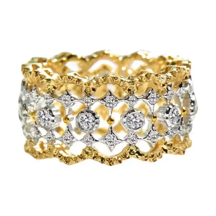 Two-tone Hollow-out Brass Wedding Band with Sparkling Zirconia for Women