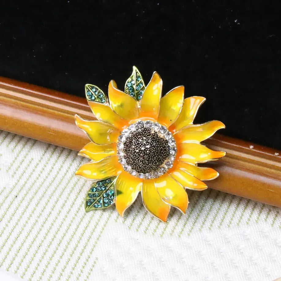 Hand Painted Sunflower Enamel Brooch with Faux Crystal Leaves Gift