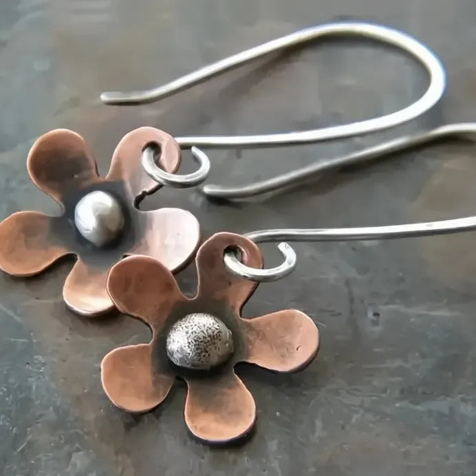 Vintage Two Tone Geometric Flower Drop Earrings Metal Jewelry for Women