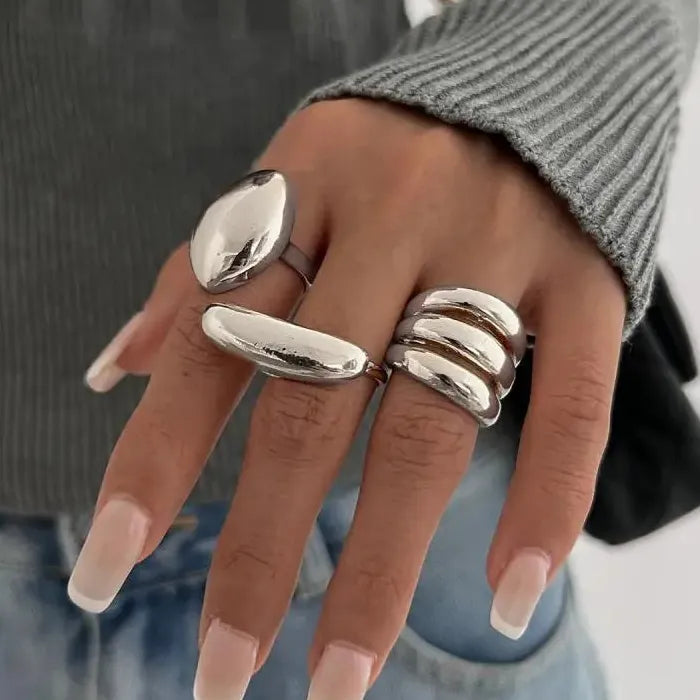 Stainless Steel Multi Layer Geometric Cocktail Ring for Women Gold Silver Jewelry