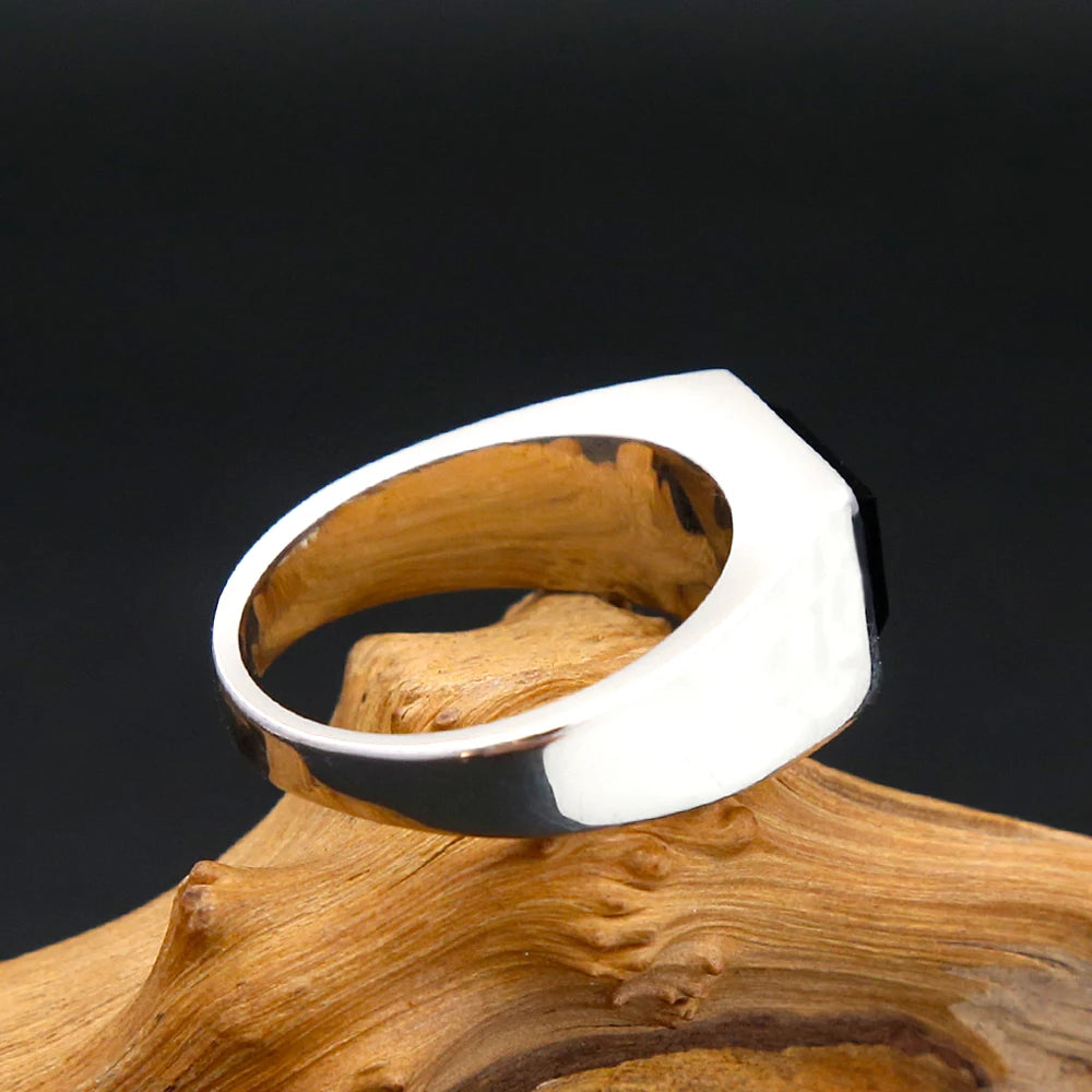 Punk Vintage Black Gemstone Ring Stainless Steel Biker Jewelry for Men Women