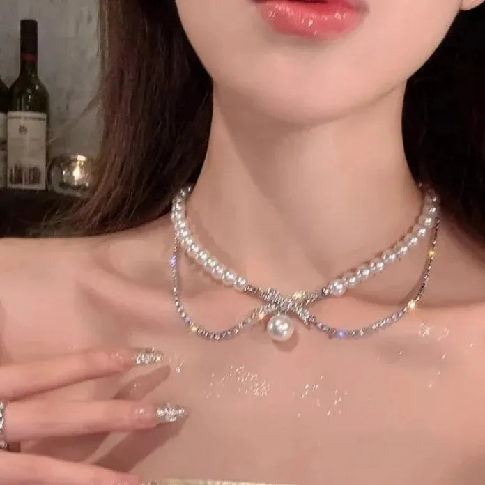 Pearl Bow Pendant Necklace Y2K Zircon Beads Tassel Double Clavicle Choker Gift