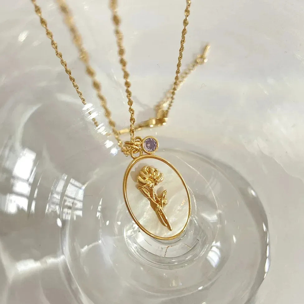 12 Month Birthday Flower Pendant Necklace Stainless Steel White Shell Choker Jewelry